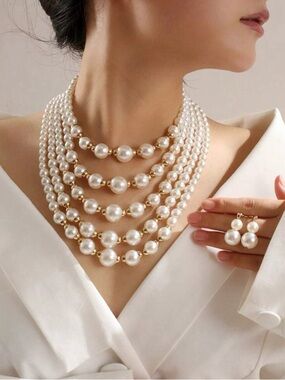 Elegant Multi-Strand White Pearl Necklace with Matching Earrings